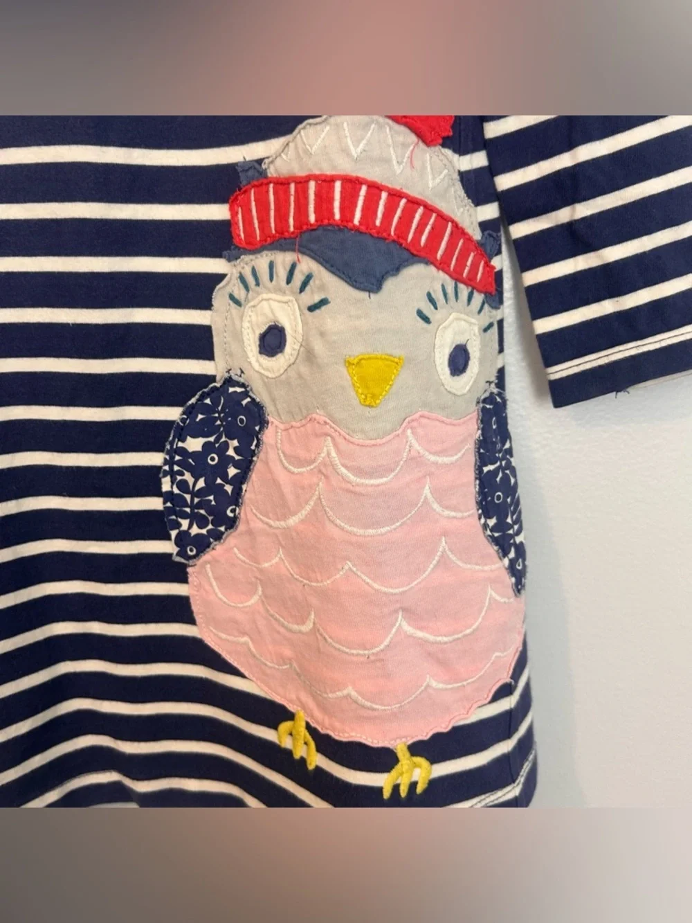 Mini Boden Blue Striped Owl Embroidered A-line Dress Youth Girls Size 5-6 Years